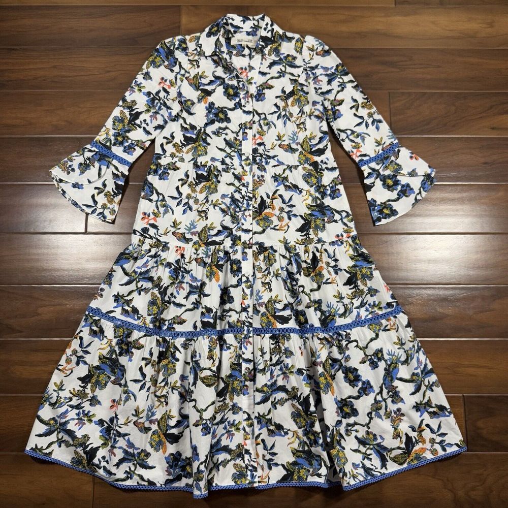 Diane Von‎ Furstenberg Size XS White Floral Barry Gathered Poplin Midi Dress